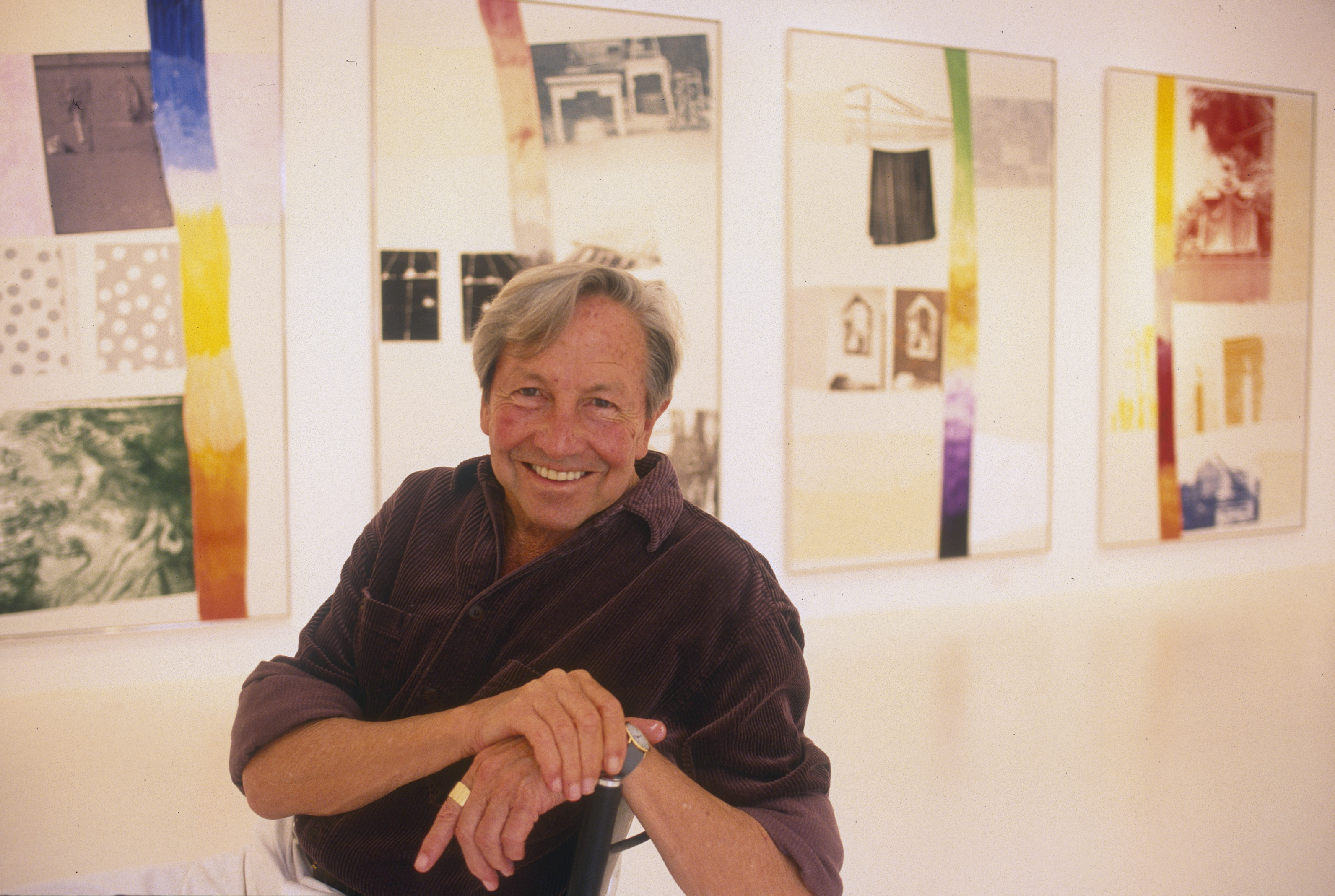 Robert Rauschenberg in front of his "Vydock" series, photographed in his Laika Lane studio in Captiva, Florida in 1995.